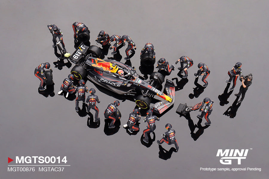 [EDICIÓN LIMITADA] MINI GT - Oracle Red Bull Racing RB19 #1  Max Verstappen  2023 F1  2023 Japanese Grand Prix Pit Crew Set (5000 unidades limitadas a nivel mundial)