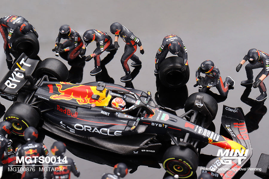 [EDICIÓN LIMITADA] MINI GT - Oracle Red Bull Racing RB19 #1  Max Verstappen  2023 F1  2023 Japanese Grand Prix Pit Crew Set (5000 unidades limitadas a nivel mundial)