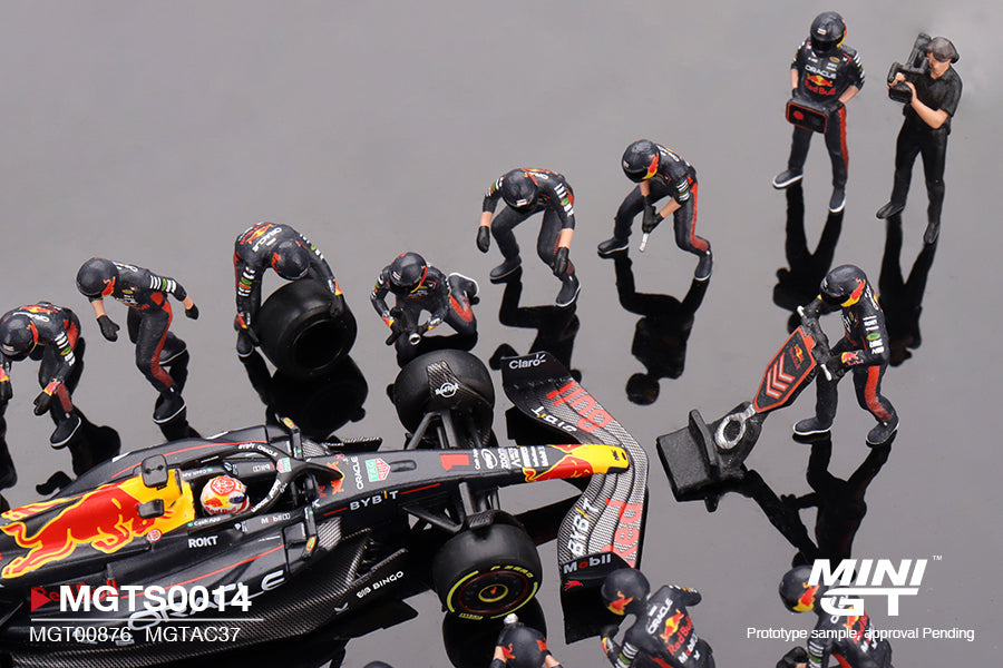 [EDICIÓN LIMITADA] MINI GT - Oracle Red Bull Racing RB19 #1  Max Verstappen  2023 F1  2023 Japanese Grand Prix Pit Crew Set (5000 unidades limitadas a nivel mundial)