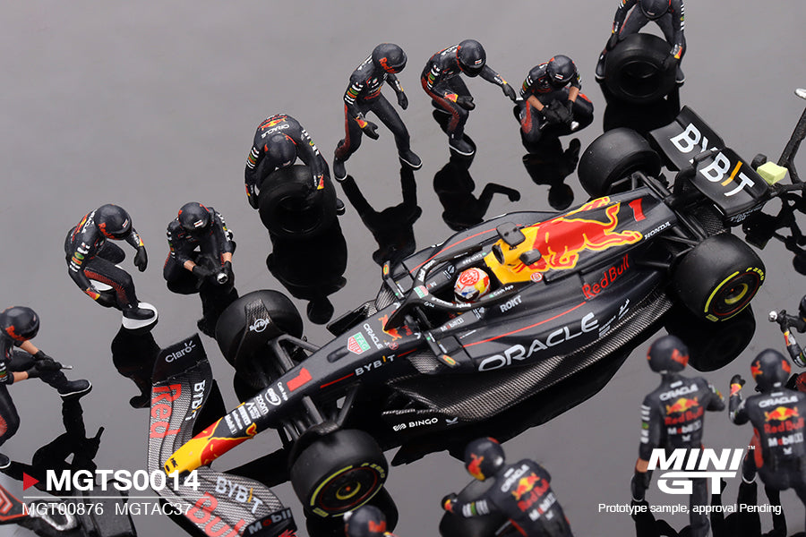 [EDICIÓN LIMITADA] MINI GT - Oracle Red Bull Racing RB19 #1  Max Verstappen  2023 F1  2023 Japanese Grand Prix Pit Crew Set (5000 unidades limitadas a nivel mundial)