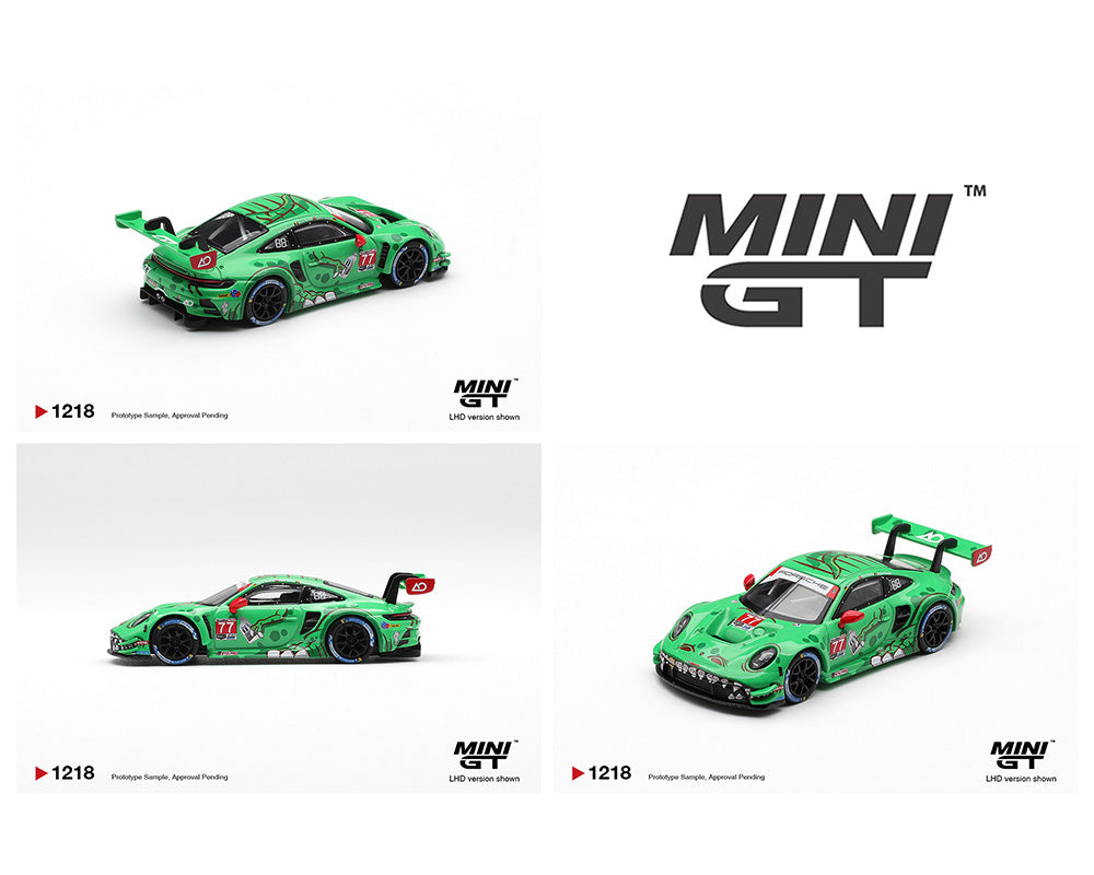 MINI GT - Porsche 911 GT3 R (992) #77 AO Racing Rexy 2025 IMSA Sebring 12 Horas Ganador de Clase Frontal - Tomica Costa Rica Collectors Club