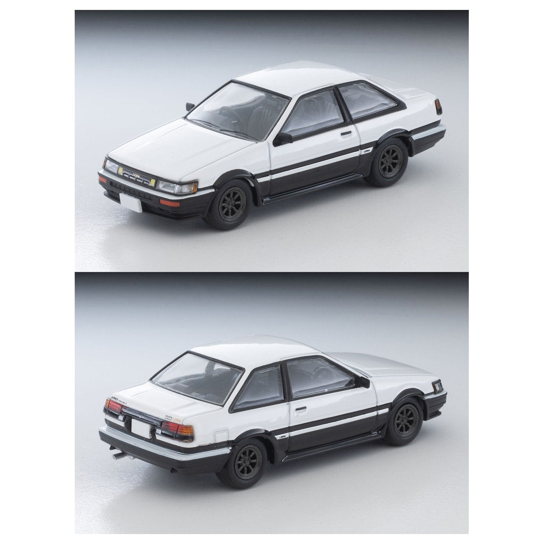 TOMICA Limited Vintage Neo - LV-N304d Toyota Corolla Levin 2-door GT-APEX Car w/RS Watanabe Wheel (White/Black) '85 Modelo - Tomica Costa Rica Collectors Club